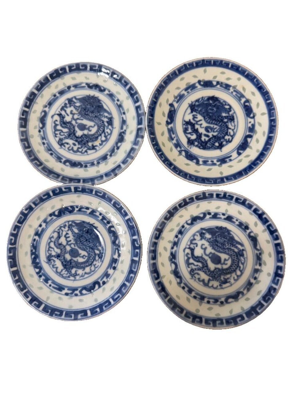 4 Vintage Chinese 4.5” Dinner Blue &white Central Dragon Medallion Condiment